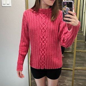 LL bean cable knit thick pink orange sweater medium turtle neck